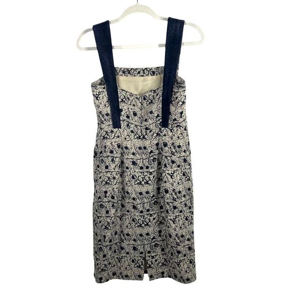 Adam Lippes New !! Jacquard Sheath Dress Sz Small 4 Beige & Navy Floral Linen - Picture 7 of 13